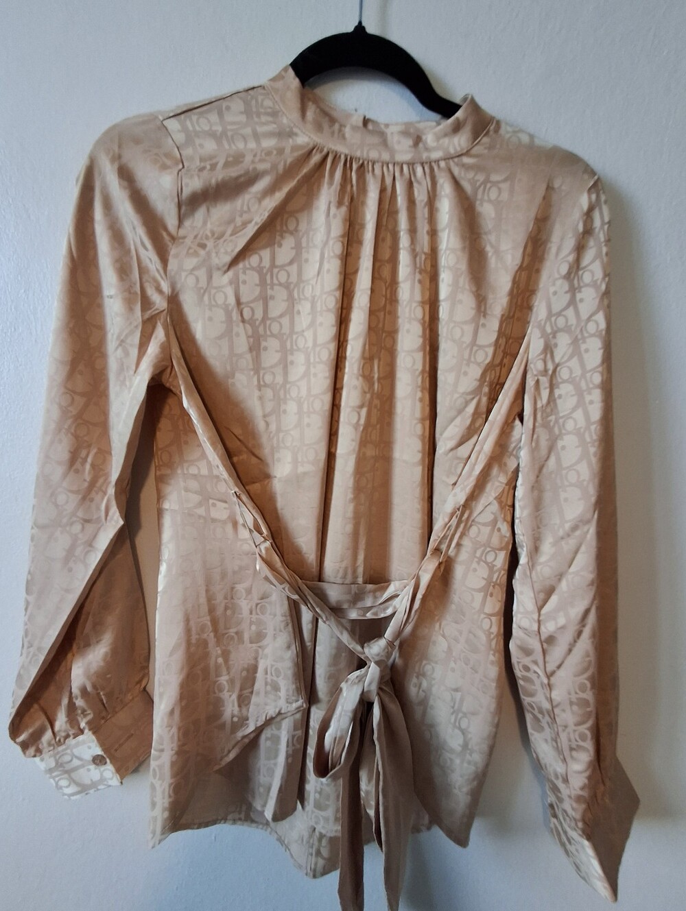 Silk-Blend Beige Tie-Back Blouse